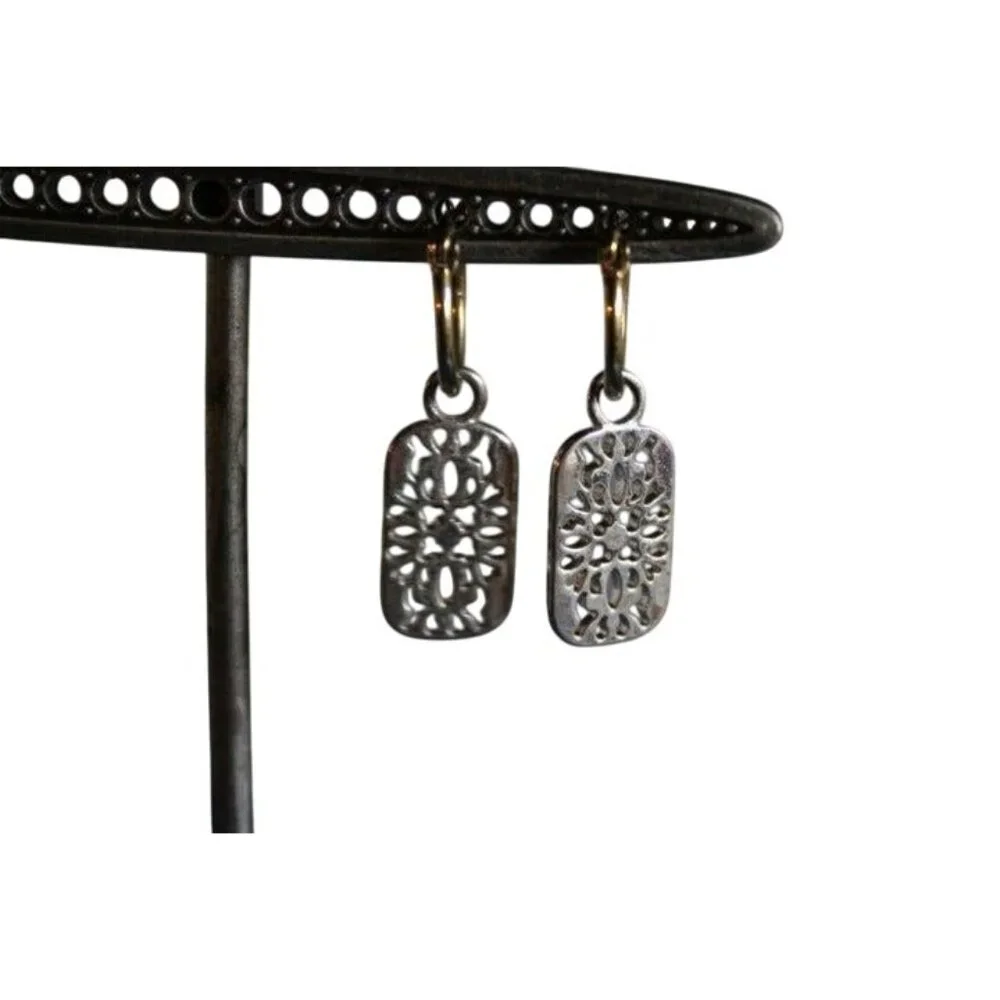Vintage Gold & Silver Rectangular Dangle Earrings With Filigree Design - Picture 4 of 6